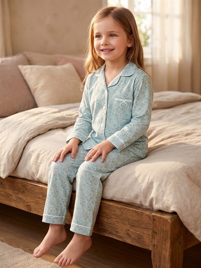 Kız Çocuk Düğme Detaylı Çiçekli Pijama Takımı