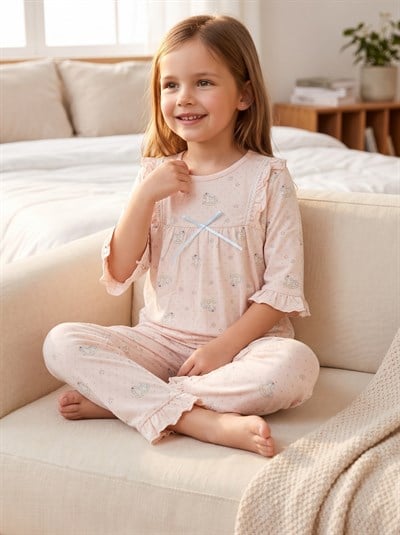 Kız Çocuk Fiyonk ve Fırfır Detaylı Pijama Takımı