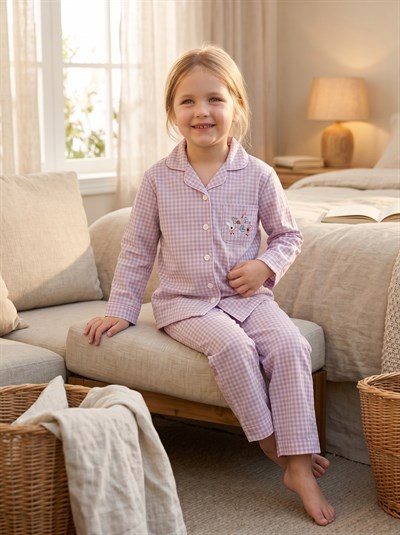 Kız Çocuk Düğme Detaylı Pötikareli Pijama Takımı