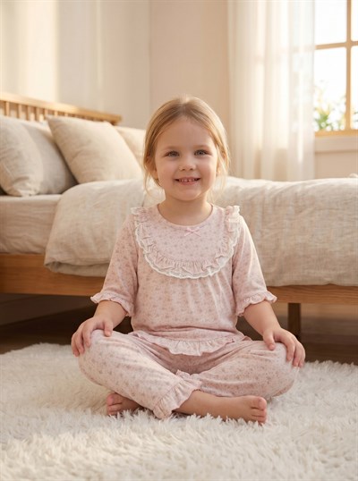 Kız Çocuk Fırfır Detaylı Çiçekli Pijama Takımı