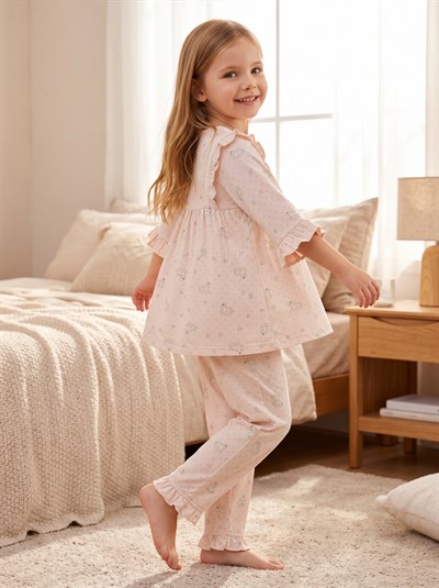 Kız Çocuk Fiyonk ve Fırfır Detaylı Pijama Takımı