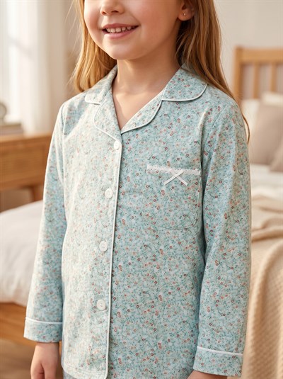 Kız Çocuk Düğme Detaylı Çiçekli Pijama Takımı