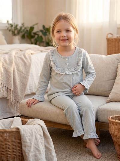 Kız Çocuk Fırfır Detaylı Puantiyeli Pijama Takımı