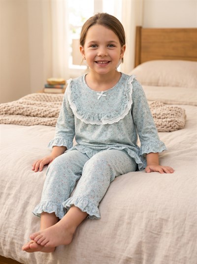 Kız Çocuk Fırfır Detaylı Çiçekli Pijama Takımı