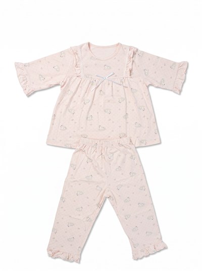 Kız Çocuk Fiyonk ve Fırfır Detaylı Pijama Takımı