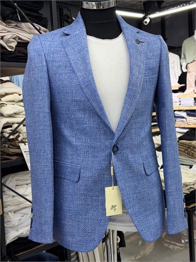 Erkek Mavi Kırçıllı Dokulu Slim Fit Blazer Ceket