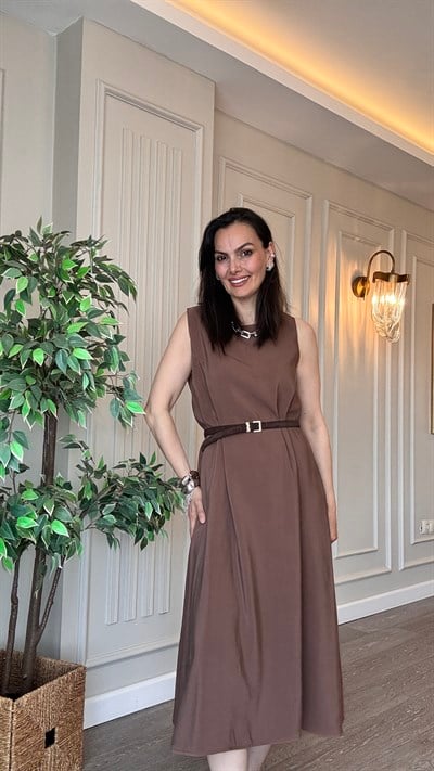 Camel Tensel Kumaş Kolsuz Bisiklet Yaka Maxi Elbise