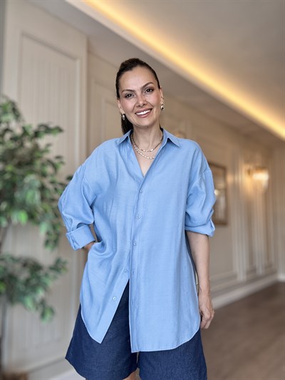 Mavi Tensel Oversize Kadın Gömlek