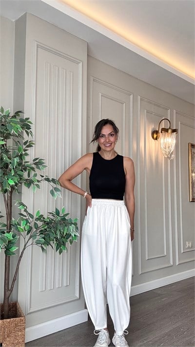 Premium Modal Kumaş Paça Pensli Şalvar Pantolon -Beyaz