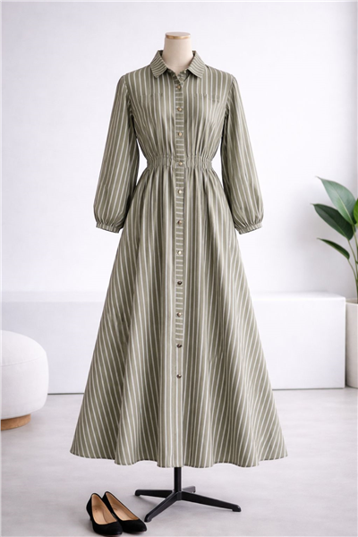 Gabardin Kumaş Beli Lastikli Önden Düğmeli-Yeşil