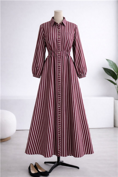 Gabardin Kumaş Beli Lastikli Önden Düğmeli-Kırmızı
