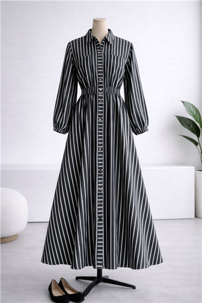 Gabardin Kumaş Beli Lastikli Önden Düğmeli-Siyah