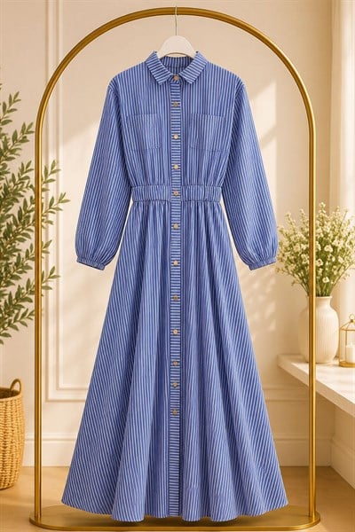 Gabardin Kumaş Düğmeli Elbise-Koyu Mavi