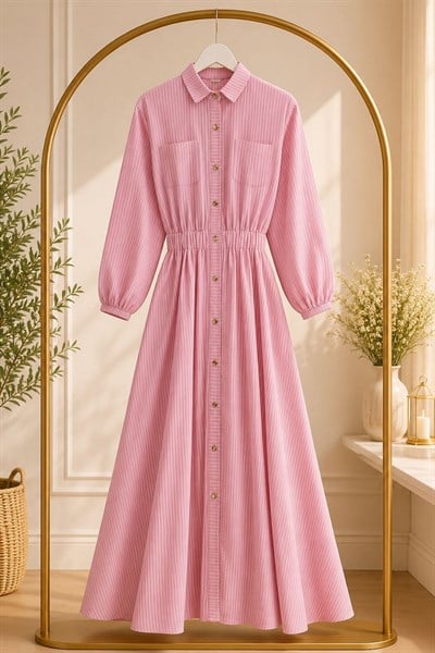 Gabardin Kumaş Düğmeli Elbise-Pembe