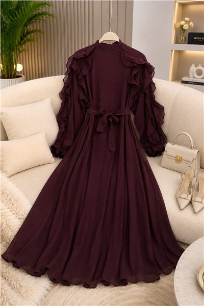 Kumaş Lilium Astarlı Elbise-Bordo