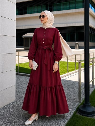Muslin Kumaş Elbise-Bordo
