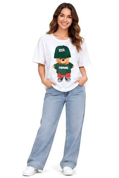 Lili Woman Kadın Ayıcık Baskılı Bisiklet Yaka Tişört Beyaz LW.GK-TSH004BY
