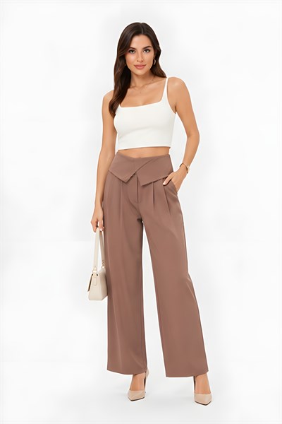 Lili Woman Kadın Drapeli Yüksek Bel Wide Leg Pantolon Kahve 51296