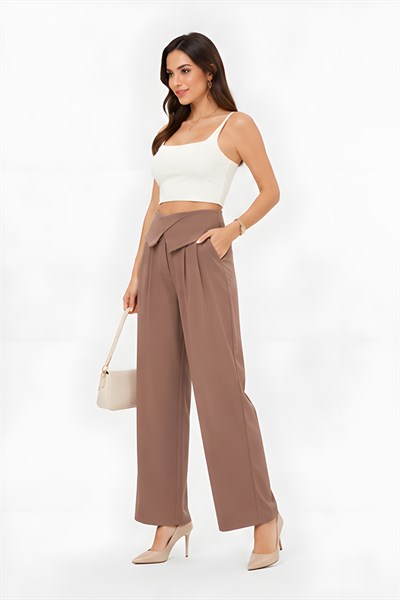 Lili Woman Kadın Drapeli Yüksek Bel Wide Leg Pantolon Kahve 51296