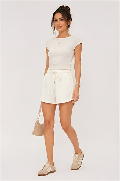 Lili Woman Kadın Ekru Beli Lastikli Şort Etek Bağcık Detaylı Minimal Fit K.4747