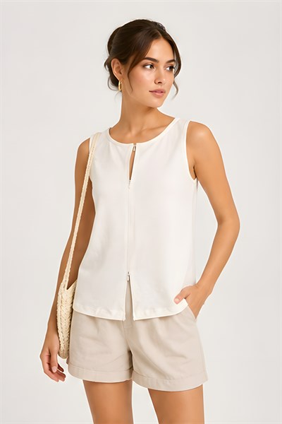 Lili Woman Kadın Ekru Çift Yön Fermuarlı Premium Fit Form Kolsuz Crop Bluz 5057