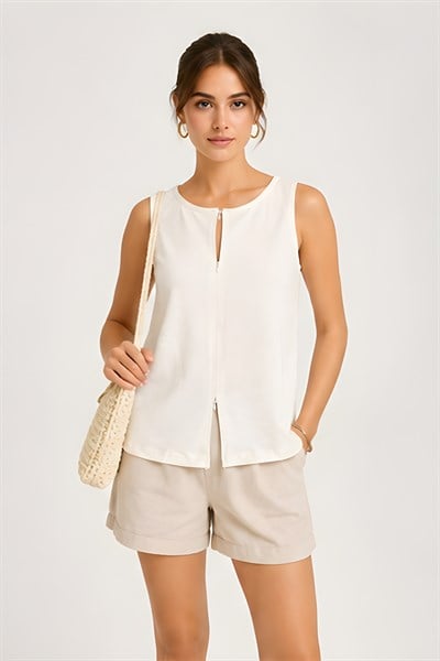 Lili Woman Kadın Ekru Çift Yön Fermuarlı Premium Fit Form Kolsuz Crop Bluz 5057