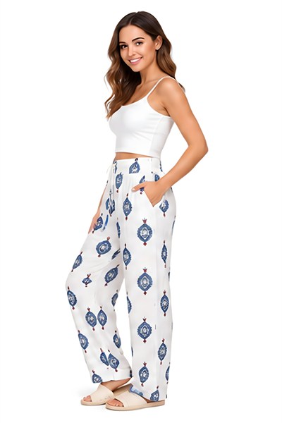Lili Woman Kadın Etnik Desenli Beli Lastikli Rahat Kesim Pantolon Beyaz LW.GK-PNT007BY