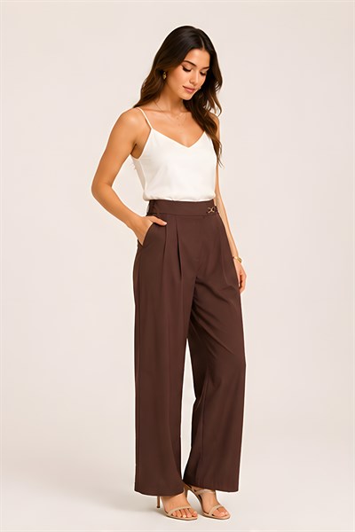 Lili Woman Kadın Gold Tokalı Yüksek Bel Çift Pileli Wide Leg Pantolon 51308