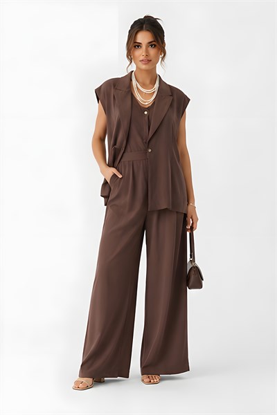 Lili Woman Kadın Kahverengi Koka Oversize Yelek & Palazzo Pantolon Takım E.8160K