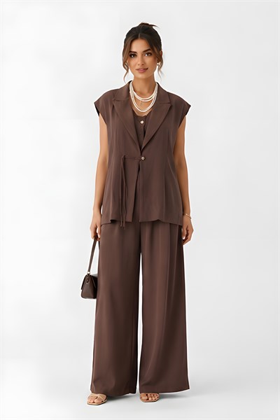 Lili Woman Kadın Kahverengi Koka Oversize Yelek & Palazzo Pantolon Takım E.8160K
