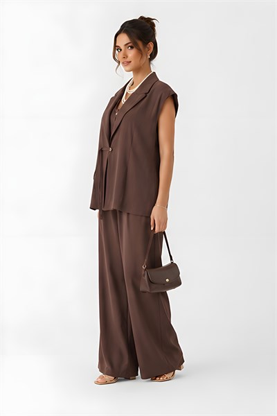 Lili Woman Kadın Kahverengi Koka Oversize Yelek & Palazzo Pantolon Takım E.8160K