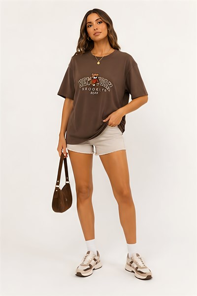 Lili Woman Kadın New York Bear Baskılı Oversize Tişört D.11156K