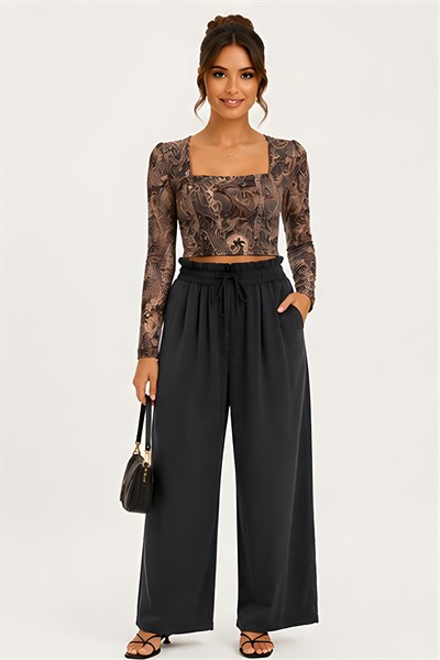 Lili Woman Kadın Paisley Desenli Tül Crop Bluz E.2557