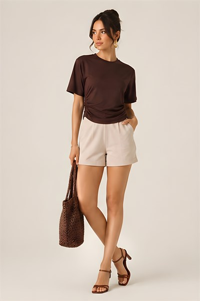 Lili Woman Kadın Premium Drapeli Crop Yarasa Kol Bluz – Yumuşak Dokulu Basic Üst E.8010K