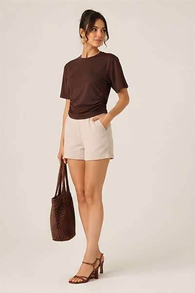 Lili Woman Kadın Premium Drapeli Crop Yarasa Kol Bluz – Yumuşak Dokulu Basic Üst E.8010K