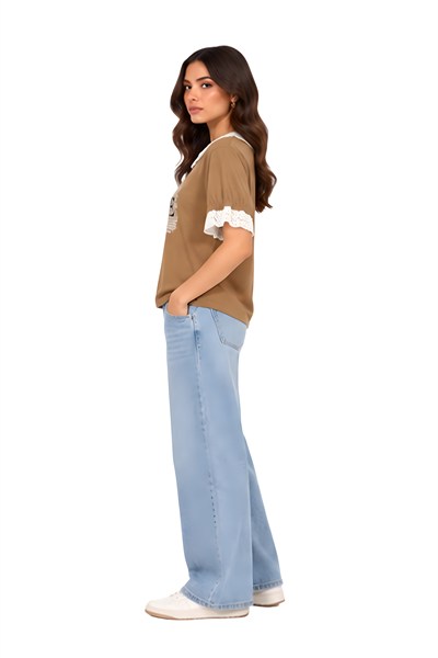 Lili Woman Kadın Vintage Baskılı Dantel Yakalı Tişört Camel LW.GK-TSH003CM