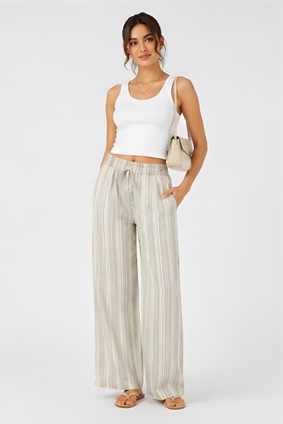Lili Woman Kadın Yüksek Bel Çizgili Keten Karışımlı Relax Fit Pantolon E.KP01