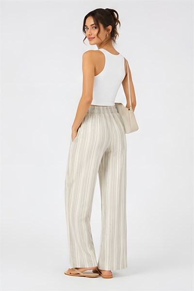 Lili Woman Kadın Yüksek Bel Çizgili Keten Karışımlı Relax Fit Pantolon E.KP01