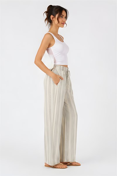 Lili Woman Kadın Yüksek Bel Çizgili Keten Karışımlı Relax Fit Pantolon E.KP01