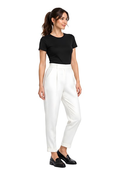 Lili Woman Kadın Yüksek Bel Pileli Duble Paça Kumaş Pantolon Beyaz LW.GK-PNT001BY
