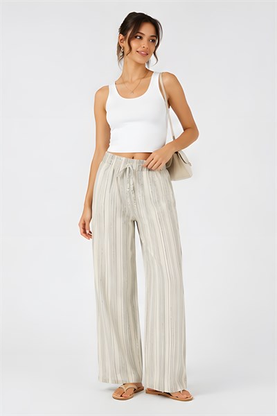 Lili Woman Kadın Yüksek Bel Çizgili Keten Karışımlı Relax Fit Pantolon E.KP01