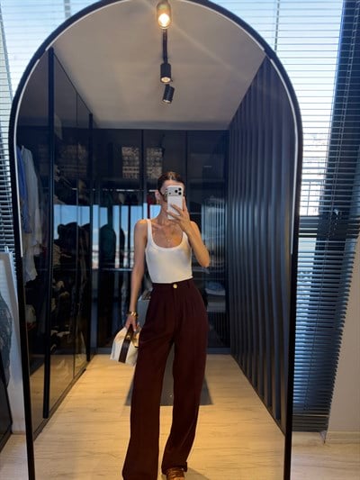  Bordo Pileli Beli Lastikli Palazzo Pantolon