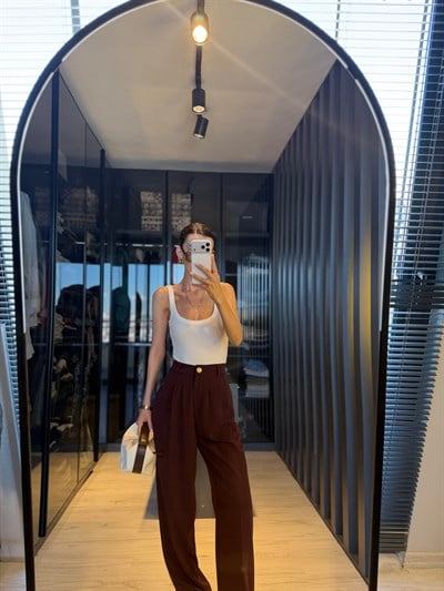  Bordo Pileli Beli Lastikli Palazzo Pantolon