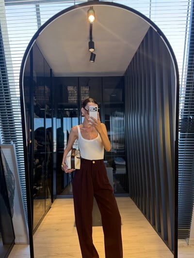  Bordo Pileli Beli Lastikli Palazzo Pantolon