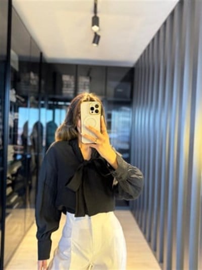  Siyah Bağlama detaylı kruvaze gömlek