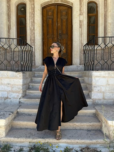 Büzgülü midi kloş elbise