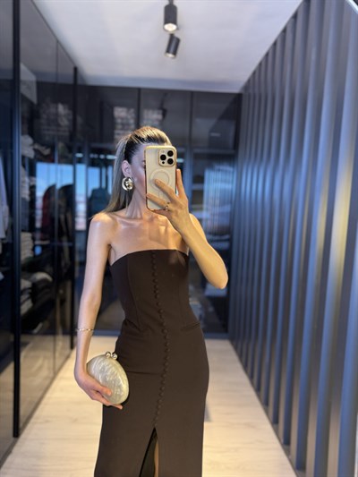 Premium straplez düğme detay elbise