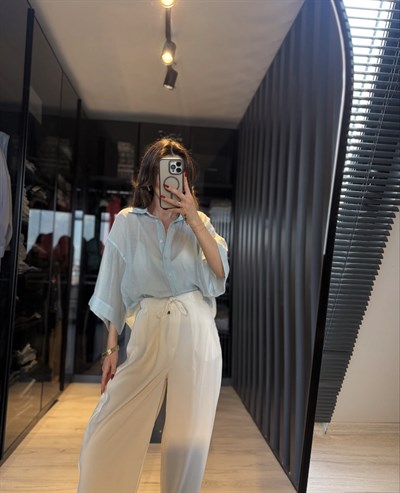 Açık Mavi İpeksi Oversize Gömlek