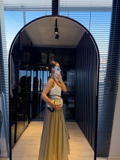 Adaçayı Yeşili Tensel Büzgülü Etek