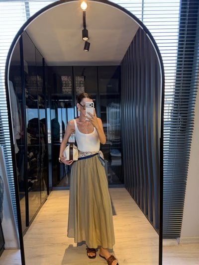 Adaçayı Yeşili Tensel Büzgülü Etek